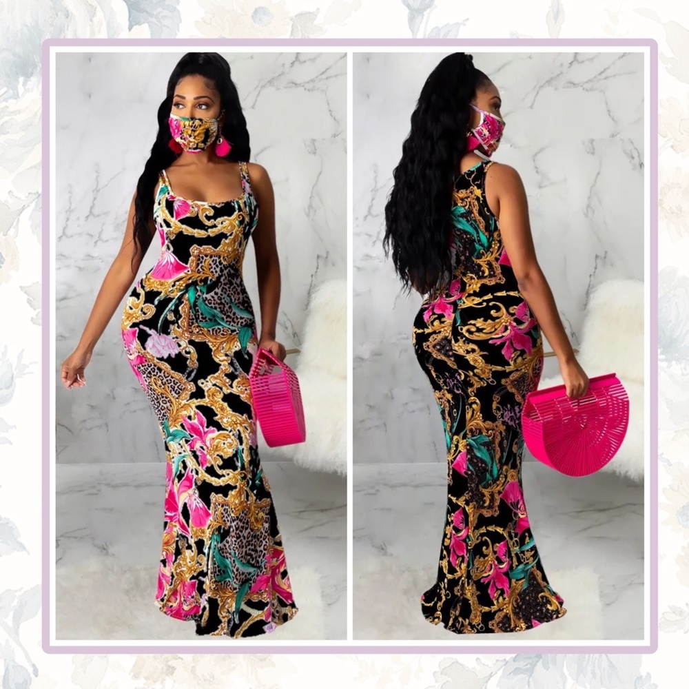 🌺 2PC DESIGNER DRESS MAXI LONG SLEEVELESS BODYCON DIVA W MASK BAROQUE SISTER